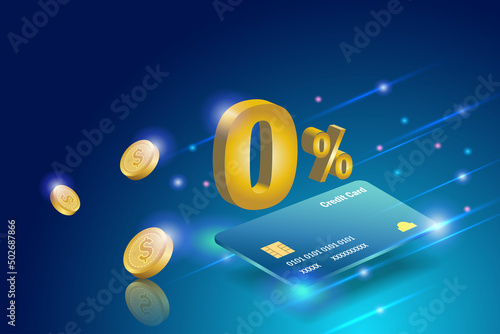0% interest free rate in credit card with falling gold coins. Money spending, Financial, banking hot promotion for online shopping concept.