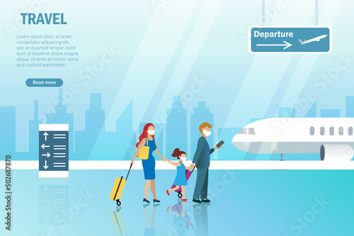 Family passengers at airport terminal wearing face mask, carrying luggages. Social distancing and prevention during COVID-19 pandemic. Safety travel on airplane concept.