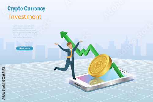 Growth graph profit investment on Bitcoin with happy investor man. Successful and money gain on Crypto currency investment, defi decentralized finance concept.