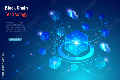 Block chain technology connecting digital cube to big data and cloud computing visualization, online exchange  and transfer security business information in futuristic background.