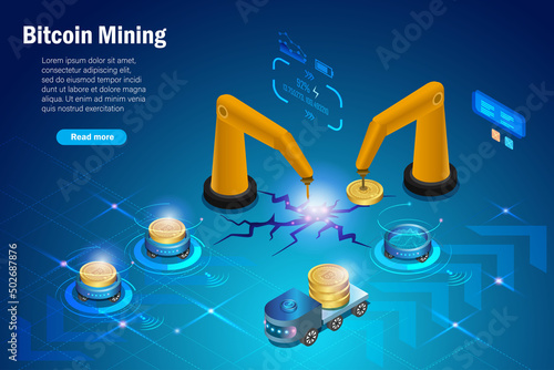 Bitcoin mining, crypto mining rendering system with miners and engineering team, excavator machine processing in virtual GPU simulating farm.