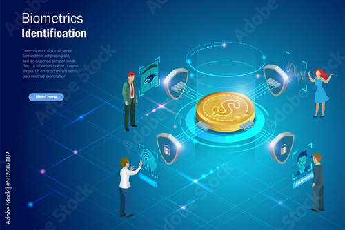 Biometric identification scanning face, eyes, fingerprint and voice recognition to access financial data transaction. Global online digital banking, cycber security, financial innovation tehchnology.