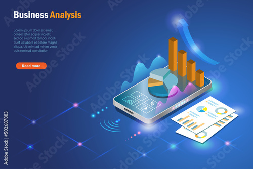 Business analysis with data report. Smartphone app analysing growth graph sales report in 3D. Innovation technology for successful business, digital marketing and strategy planning in futuristic.
