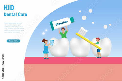 Kids brushing teeth with fluoride toothpaste cleaning teeth. Children dental and oral healthcare concept