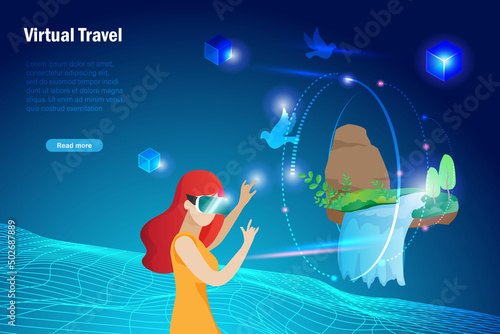 Metaverse travel, virtual travel  technology in nature on cyber space futuristic environment. Woman experience computer generated journey trip waterfall 3D interface in metaverse platform.