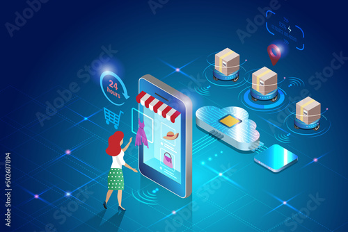 Woman online shopping on smartphone with smart delivery direct locate to warehouse storage. Global logistics network distribution, innovation transport technology in futuristic