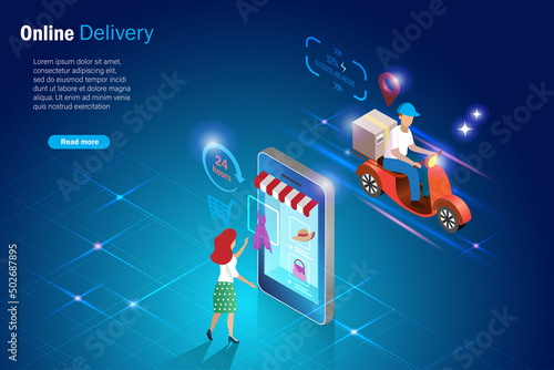 Fast and express online delivery service. Woman online shopping on smartphone with delivery man on scooter express deliver shipment. Innovation technology, online shopping and order delivery concept. photo