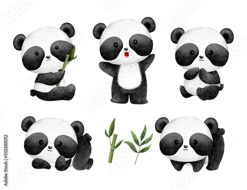Fototapeta Naklejka Na Ścianę i Meble -  Watercolor set of cute baby panda and bamboo leaves