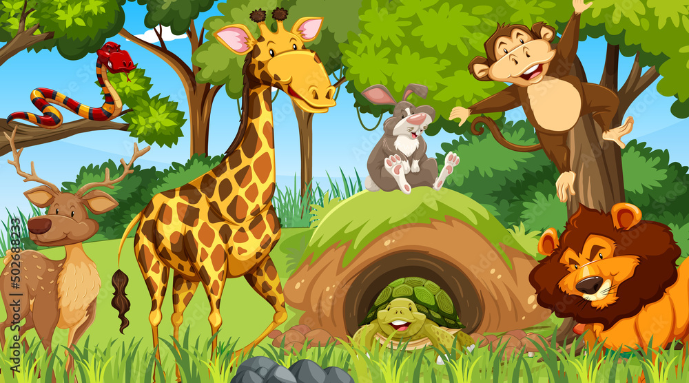Obraz premium Wild animals cartoon characters in the forest scene