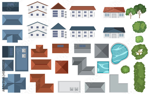 Set of aerial view houses and decor element