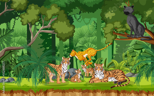 Forest scene with various wild animals