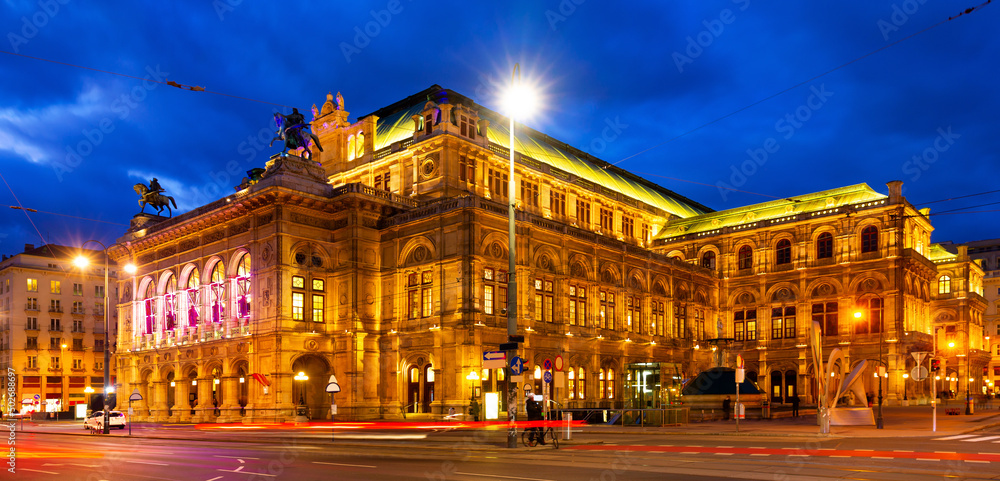Evening view of the State Opera in city Vienna, which is the largest theater in Austria