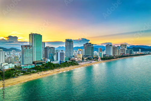 The coastal city of Nha Trang seen from above in the afternoon with its beautiful city and clean sandy beach attracts tourists to visit in Nha Trang  Vietnam