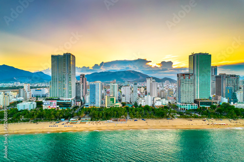 The coastal city of Nha Trang seen from above in the afternoon with its beautiful city and clean sandy beach attracts tourists to visit in Nha Trang  Vietnam