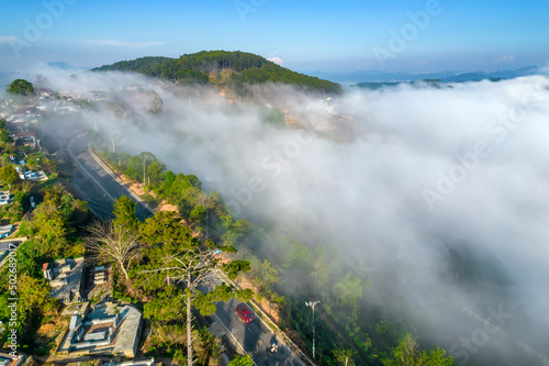 Aerial view of the town in the early morning mist is beautiful in the highlands of Da Lat, Vietnam