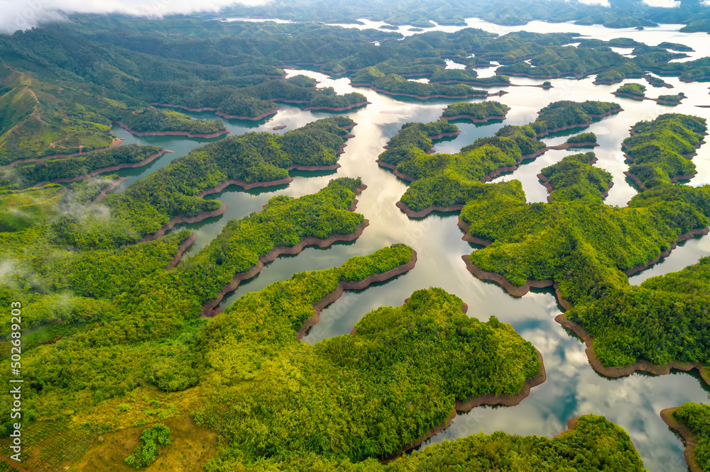 Landscape Ta Dung lake seen from above in the morning with small