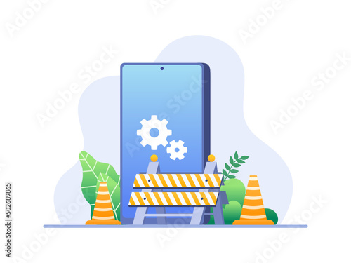 Application Software Maintenance Illustration With Traffic cone, road barrier and a Smartphone. Under Maintenance Concept.
Can be used for website, landing page, application, animation, etc.