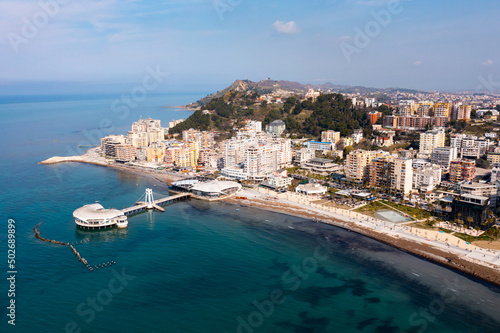Picturesque drone view of seaside cityscape of Durres in Albania on Adriatic coast with landscaped beach promenade 