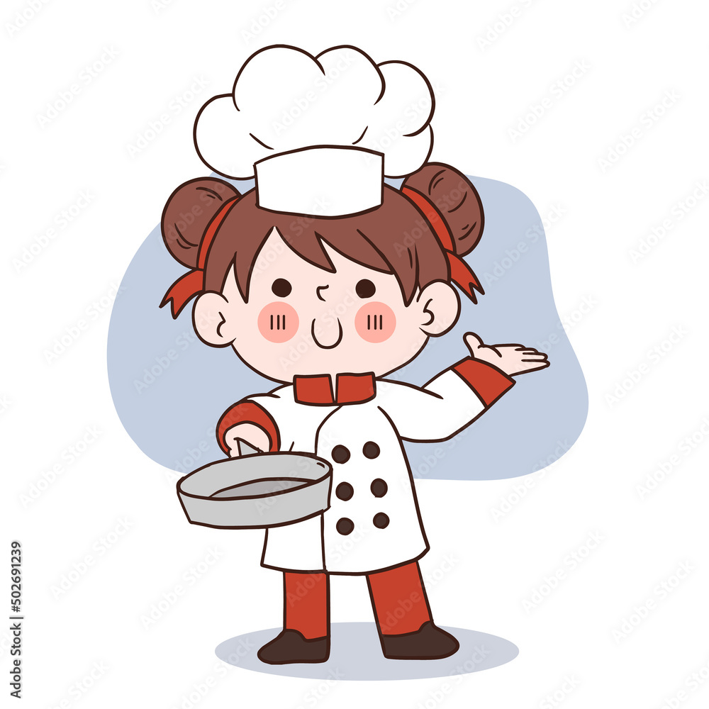 Happy smile little girl chef.kid cooking concept.Doodle hand drawn vector illustration.