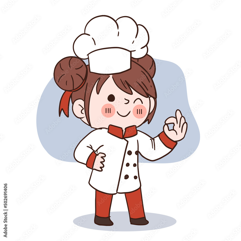 Happy smile little girl chef.kid cooking concept.Doodle hand drawn vector illustration. Happy smile little girl chef.kid cooking concept.Doodle hand drawn vector illustration.