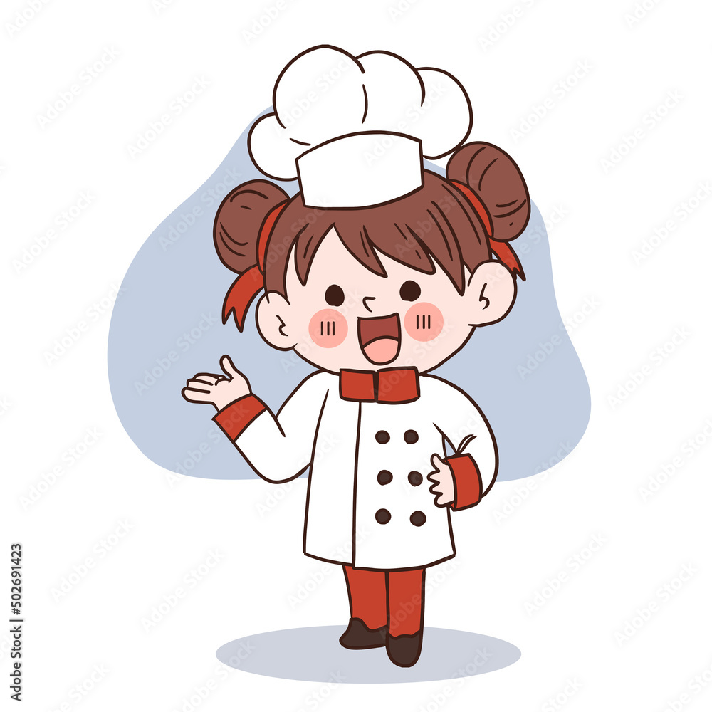 Happy smile little girl chef.kid cooking concept.Doodle hand drawn vector illustration. Happy smile little girl chef.kid cooking concept.Doodle hand drawn vector illustration.
