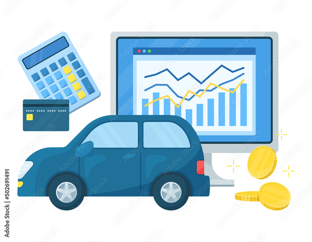 車とお金に関するイラスト. 購入や販売する. 維持費, 保険料などお金の計算をする. アイキャッチ.