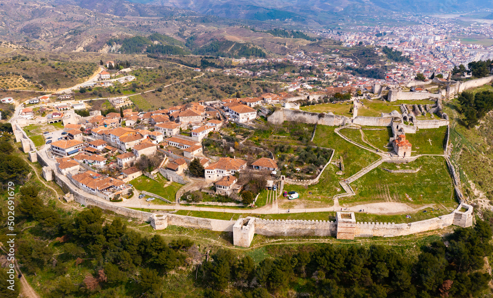 Aerial photo of Albanian city Berat with view of castle walls and Church of the Holy Trinity.