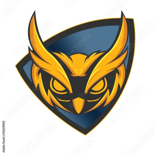 golden owl head logo on solid shield background