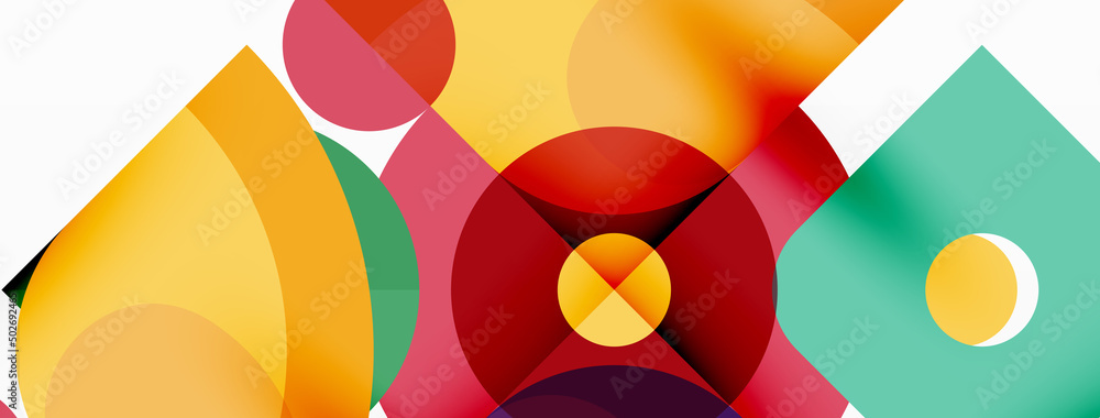 Colorful round shapes, circles and triangles background. Minimal geometric template for wallpaper, banner, presentation