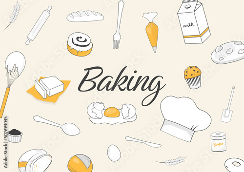 Hand drawn baking bakery and kitchen equipment background 