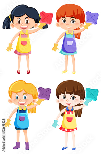 Set of different four girls in housekeeping outfits
