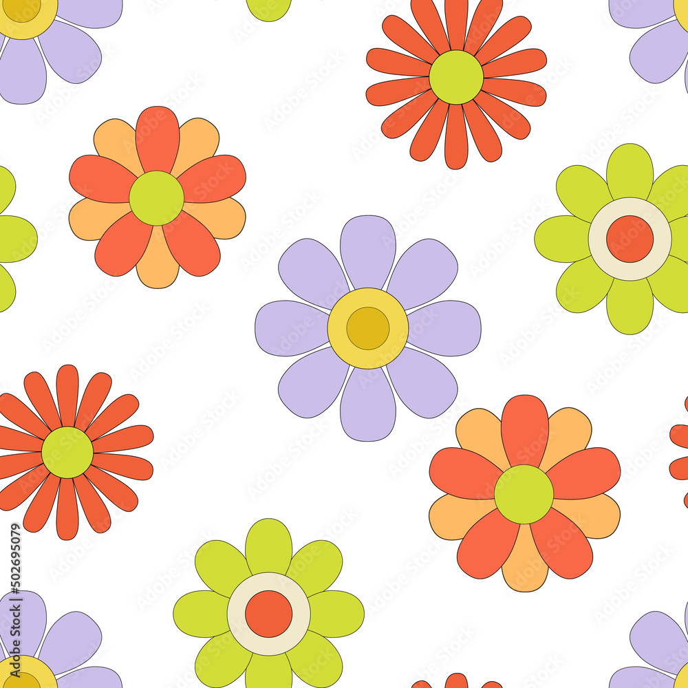 Seamless pattern with Groovy retro flowers. Hippie endless background in 1970 style. Vector Disco flowers daisy on white background