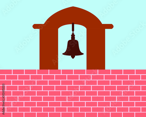 Bell tower on the top of old brick wall vector.