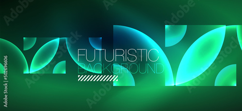 Shiny neon geometric abstract background. Glowing lights on round shapes, triangles and circles. Wallpaper for concept of AI technology, blockchain, communication, 5G, science, business