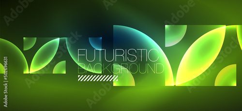 Shiny neon geometric abstract background. Glowing lights on round shapes, triangles and circles. Wallpaper for concept of AI technology, blockchain, communication, 5G, science, business