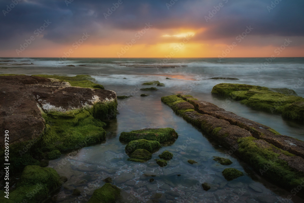 Sunset at Palmachim Coast National Park. Mediterranean Sea.