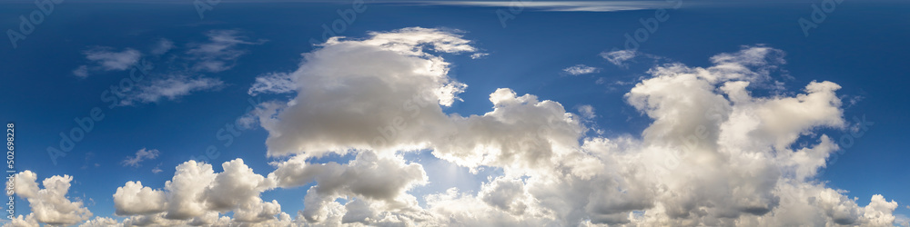 Blue sky panorama with puffy Cumulus clouds. Seamless hdr pano in spherical equirectangular format. Sky dome or zenith for 3D visualization, game and sky replacement for aerial drone 360 panoramas. Blue sky panorama with puffy Cumulus clouds. Seamless hdr pano in spherical equirectangular format. Sky dome or zenith for 3D visualization, game and sky replacement for aerial drone 360 panoramas.