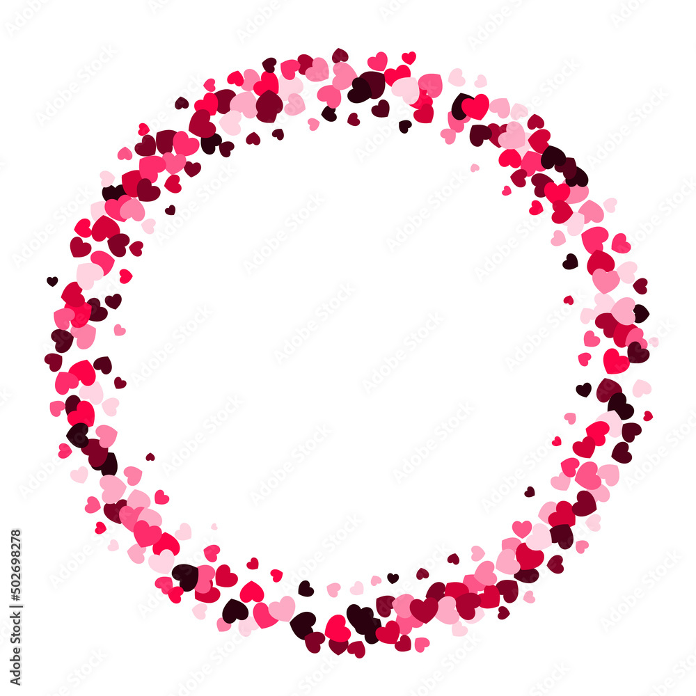 Pink heart round frame with space for text. Wreath made from confetti hearts. Background for Valentine's Day or Weddings and Mother's Day. Vector illustration