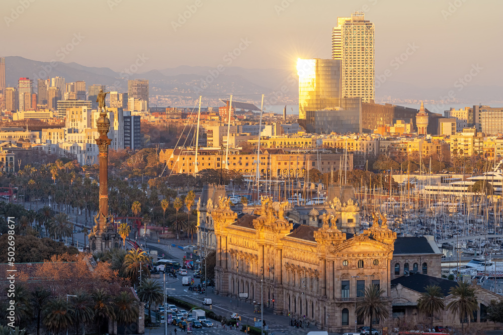 View of Barcelona with the Columbus Statue just before sunset