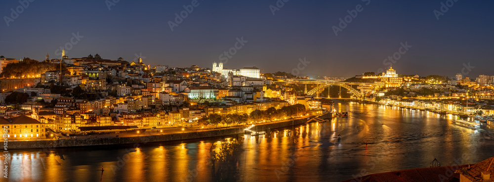 Panorama of Porto with the Douro river at night