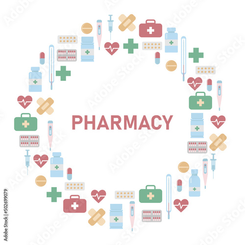 Round frame of pharmacy items