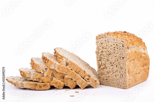 Bread with sunflower seeds. Tasty sliced bread, isolated on white background