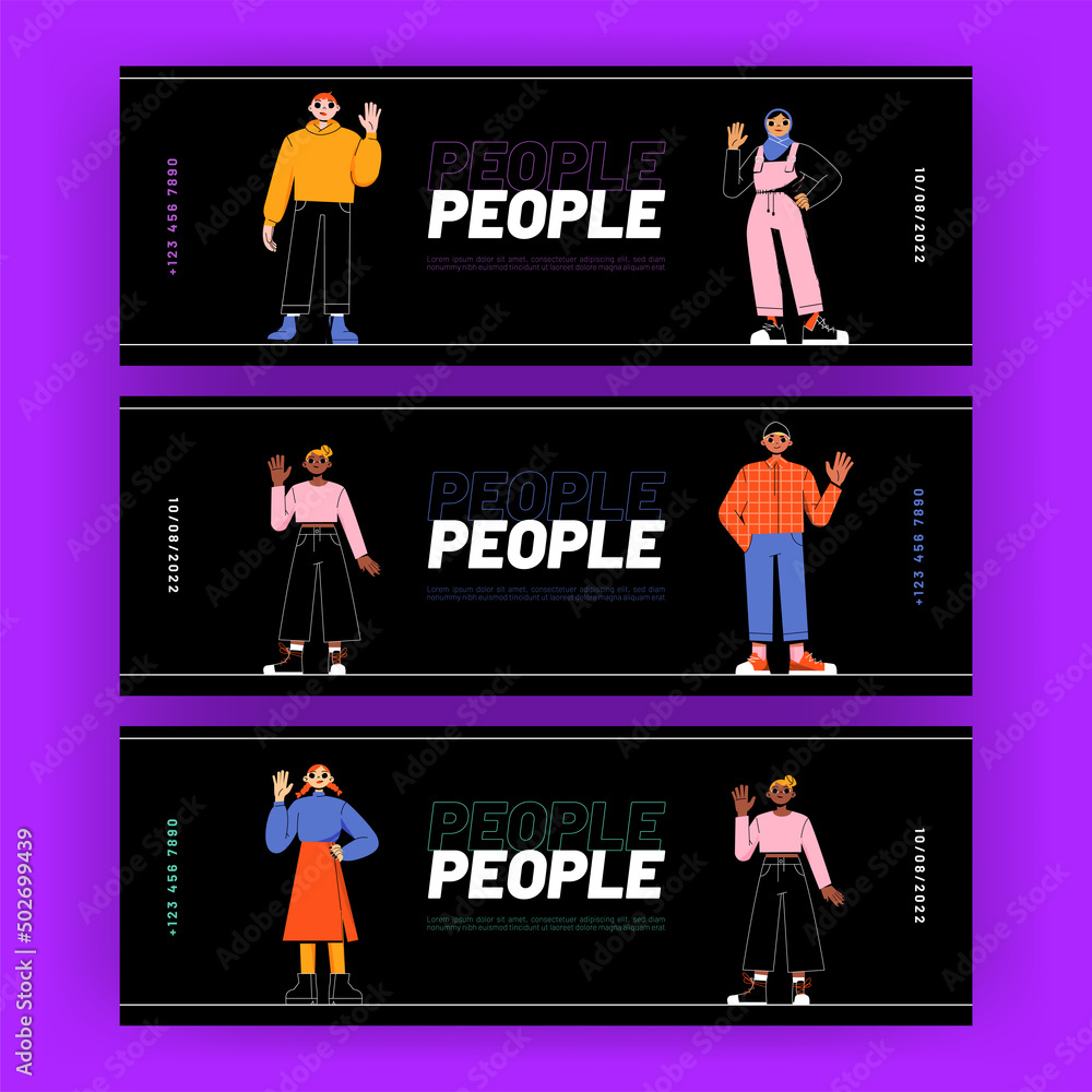 Obraz premium People ads banners with diverse male and female characters waving hand. Promo flyers with multinational happy friendly young men and women positive greeting gesturing Line art flat vector illustration
