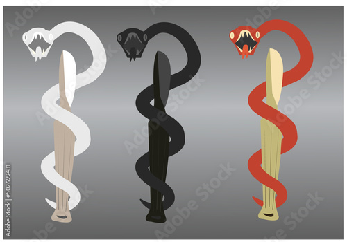A snake wrapping around a scalpel, a symbol of surgery and pathology, vector