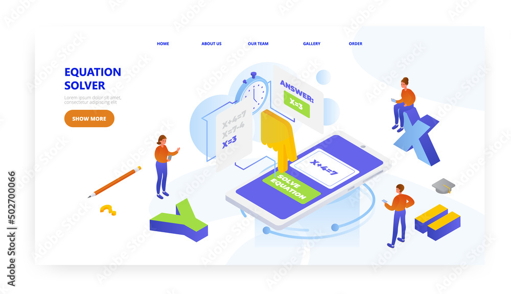 Equation solver, landing page design, website banner vector template. Online calculator, math solver. School education. Equation solver, landing page design, website banner vector template. Online calculator, math solver. School education.