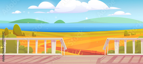 Rural field view from wooden terrace, cottage veranda at countryside or village. Autumn nature landscape with dirt road going through yellow meadow to blue sea shore. Cartoon vector 2d background