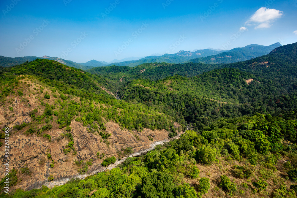 Fototapeta premium Areal view of Silent Valley National Park, Palakkad, Kerala, located in the Nilgiri hills, the hill station of Kerala 