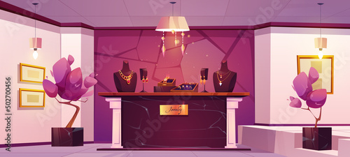 Luxury jewellery store trading room empty interior with elegant precious necklaces on mannequin, golden earrings with gems or diamonds on showcase in exhibition hall, Cartoon vector illustration