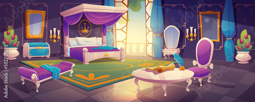 Royal bedroom interior, king or queen luxury room in palace with purple furniture in classical empire style. Bed with canopy, table with documents and chest, fairy tale Cartoon vector illustration