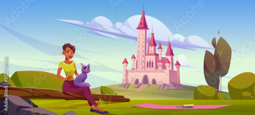 Summer landscape with girl on picnic and medieval castle on background. Vector cartoon illustration of woman with cat sitting on log, books on mat and old royal palace